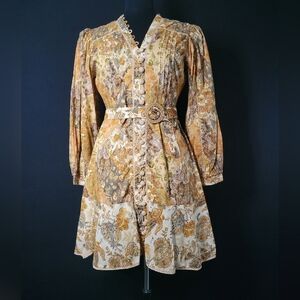 Anna Cate Floral Puff Long Sleeve With Belt.  Zip Closure, Button Down Front